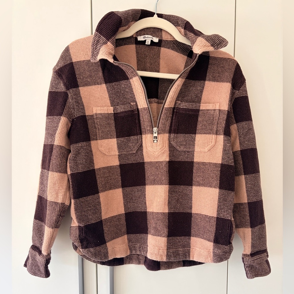 Madewell Tan and Brown Buffalo Plaid Half-Zip Sweater